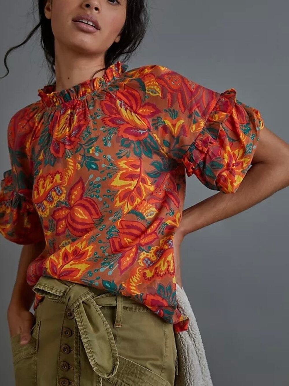 Anthropologie Banjanan Brown&Orange Floral Marie Cotton Ruffle Blouse Sz.XS